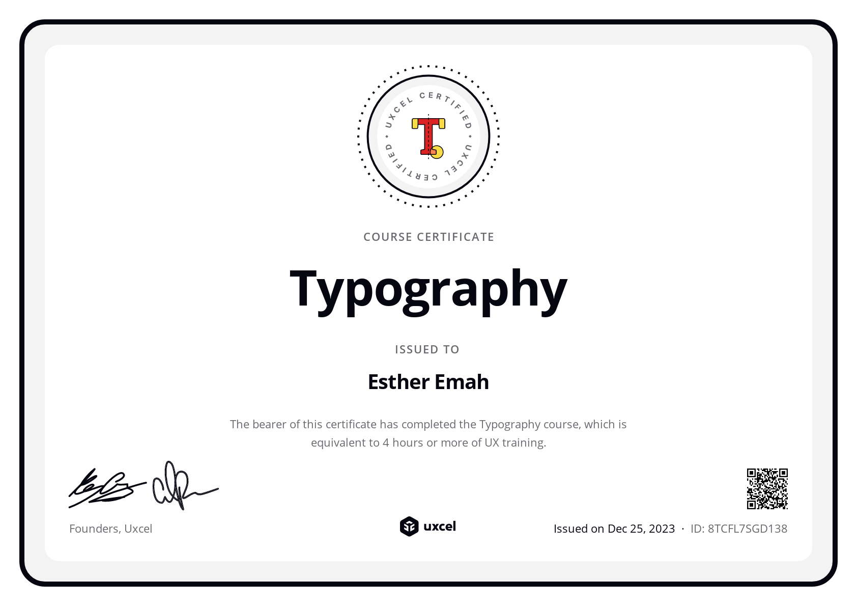 Esther Emah's certificate